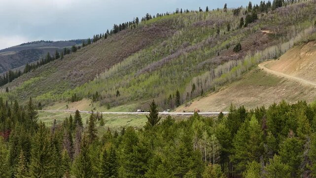 Aerial of US 40 highway in Uinta National Forest in spring time in Utah