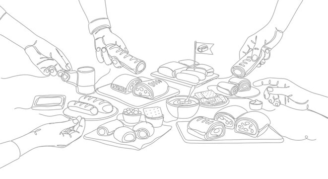 Hands reaching for pastries and sausages on a table, overhead view, line art sketch