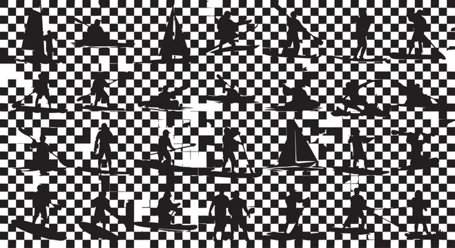 Chess pieces icons, black silhouettes, checkered background, vector graphics, 40 chess symbols