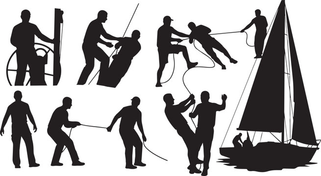 Sailing, boat, silhouettes, vector icons, nautical, teamwork, 10 black sailor illustrations