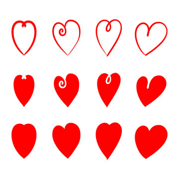 Hand-Drawn Red Heart Doodles &ndash; Artistic Vector Collection of Expressive Line Shapes and Sketch Elements