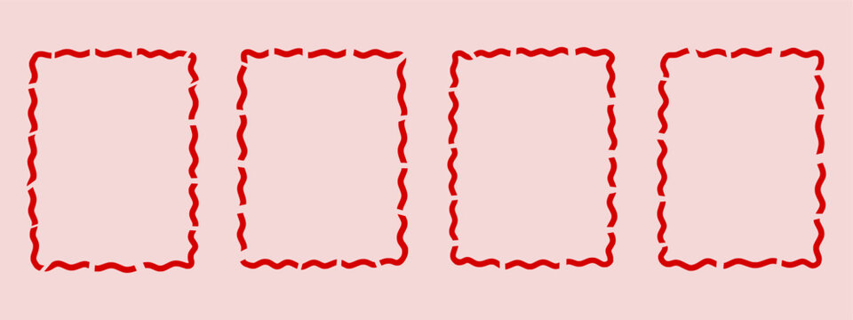 Set of Red Hand-Drawn Wavy Rectangle Frames, Decorative Vector Border Collection