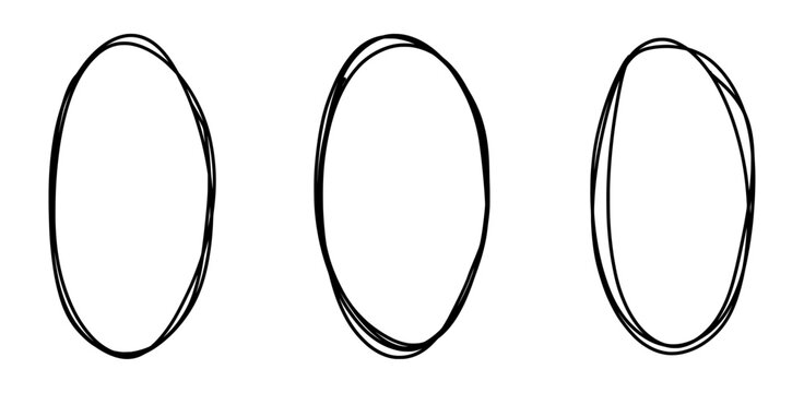 Set of Black Hand-Drawn Circular Frames, Ellipse Shape Highlights Vector Illustration