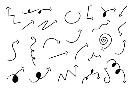 Hand-Drawn Black Arrow Set, Bold Brush Marker Arrows Isolated on White Background