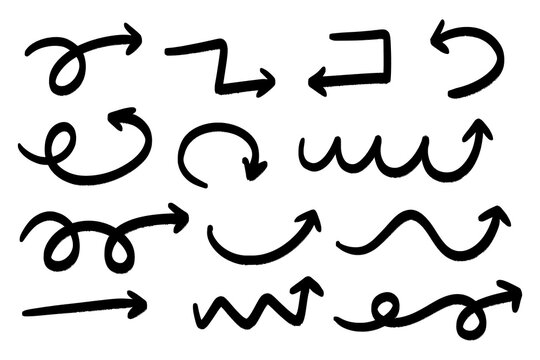 Hand-Drawn Black Arrow Set, Bold Brush Marker Arrows Isolated on White Background