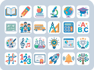 Fototapeta premium Educational School Icon Set With Academic Subjects Science Mathematics Arts and Learning Tools for Classroom Materials