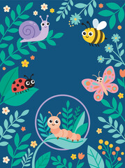 Obraz premium Dark Blue Background Featuring Cute Insects and a Central Circular Frame with Caterpillar