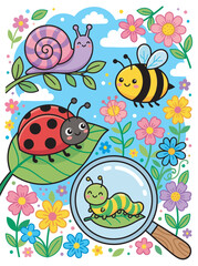 Obraz premium Bright and Vibrant Cartoon Vector Illustration of Garden Insects with Magnifying Glass Exploring Nature for Educational Kids Content