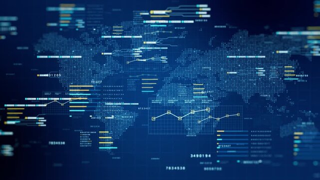 Global Data Analytics Dashboard with World Map, Digital Business Intelligence Interface, Big Data Visualization, Financial Metrics, Cyber Technology and Global Network Background Concept