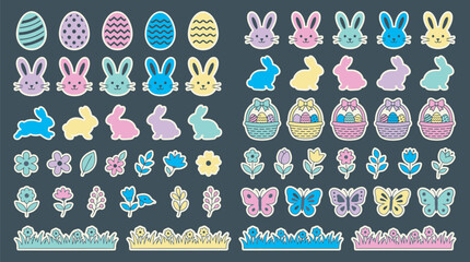 Naklejka premium Comprehensive Easter Sticker Pack with Rabbits Eggs Flowers and Seasonal Elements for Festive Holiday Decorations and Digital Scrapbooking