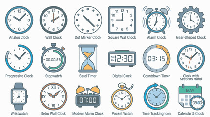 Fototapeta premium Comprehensive Set of Labeled Time Related Icons Including Various Clocks Watches and Timers for Business Scheduling and Productivity Concepts