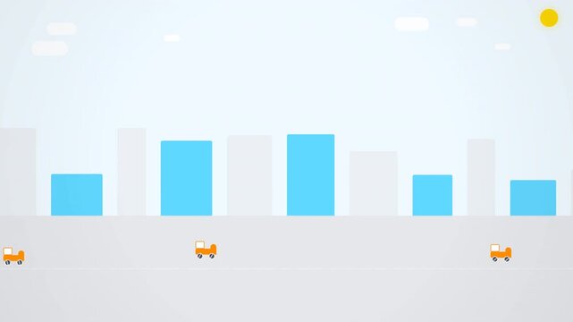 Simplistic digital illustration of a city skyline with tall light blue buildings, bright yellow sun, and a gray ground with three small orange cars