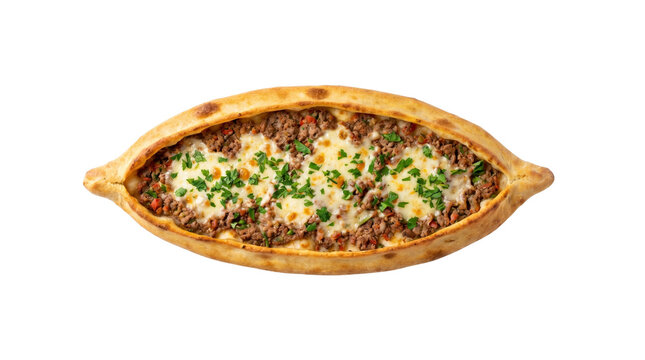 Delicious Turkish pide with ground meat and cheese.