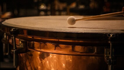 Obraz premium timpani. Close-up of a timpani drumhead with a drumstick poised just above its center. event programs, museum guides, designed for cultural heritage projects and event programs, preserves heritage.