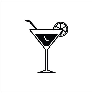 Cocktail Glass Silhouette Vector, Martini with Lemon Slice and Straw Icon for Bar Menu and Summer Party Design