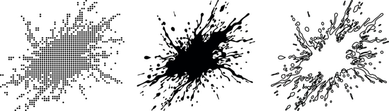 Three black ink splash and splatter graphic elements on white background paint drop