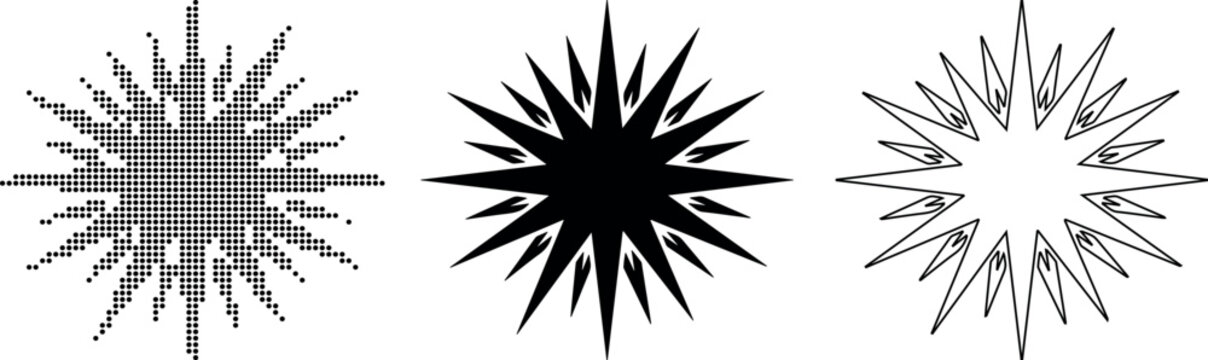 Three starburst shapes in black and white dot and solid line styles explosion radial