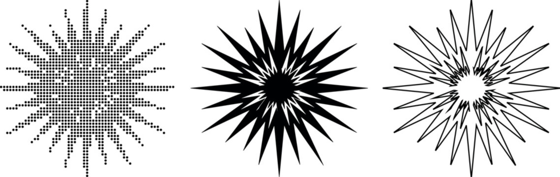 Three starburst graphic elements with dot pattern and solid fill explosion radial