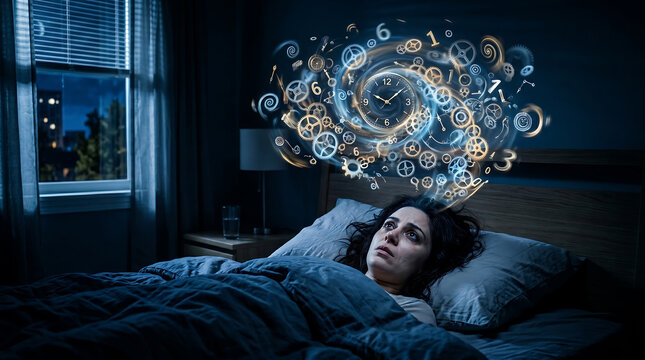 Woman lying awake in bed at night with swirling gears and clocks in her mind