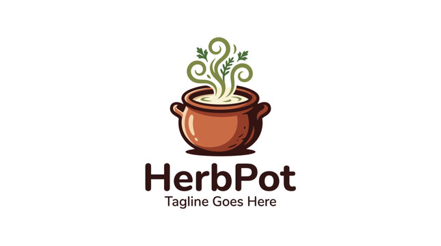Main subject is a herb filled pot with steam rising above leafy herbs in a logo