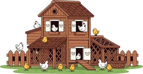 Cute Cartoon Wooden Chicken Coop with Hens, Baby Chicks, Fence, and Green Grass for Farm, Agriculture, and Rural Life Design Projects © Rtazmina