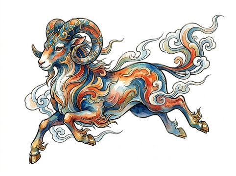 Ornamental goat with flowing mane and tail in orange, blue, and cream tones, isolated on transparent background. Ready for t-shirt design, clipart, stickers, sublimation, and print-on-demand products.