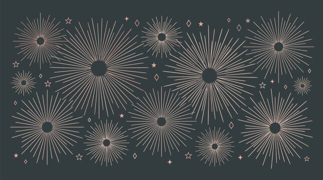 Elegant rose gold linear firework burst patterns with stars on a dark background for luxury design