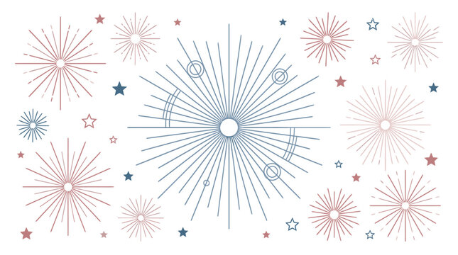 Decorative collection of linear firework burst illustrations with stars in red and blue colors