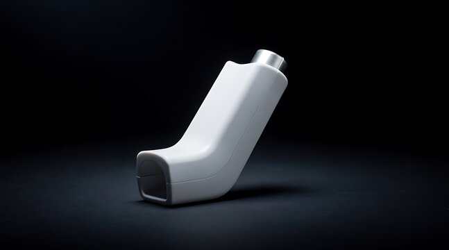 Close-up of a white inhaler on a dark background, medical equipment.