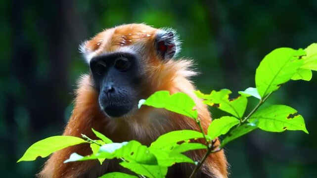 Red colobus monkey peering through green leaves in tropical forest
