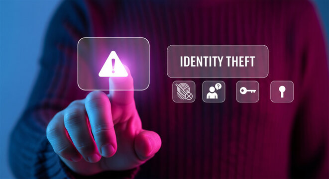 Identity theft warning on digital screen, cyber security alert and data privacy breach concept, hacker accessing personal information