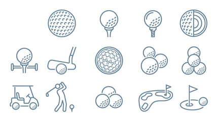 Comprehensive collection of golf line icons featuring golf carts, players, equipment, and course features for sports industry, recreation, and golf travel marketing. ©  Yassine DS