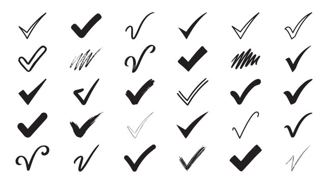 Set of hand-drawn vector checkmark symbols and tick icons, featuring diverse brush styles and shapes for task completion and validation design elements.