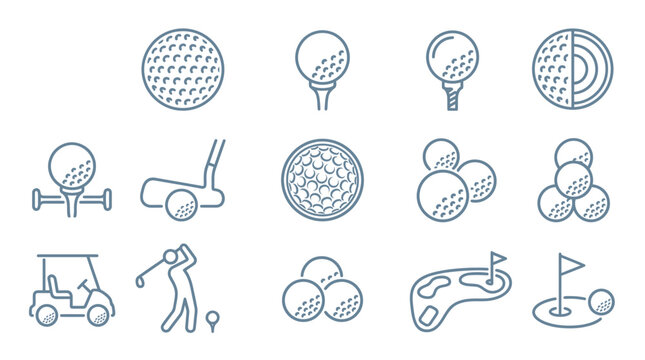 Comprehensive collection of golf line icons featuring golf carts, players, equipment, and course features for sports industry, recreation, and golf travel marketing.