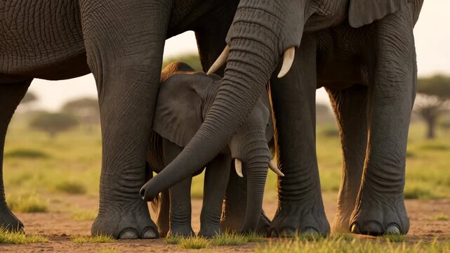 Elephant calf close-up sheltered between adults legs, shallow focus emphasizing protective formation, warm savanna light, strong sense of safety, care, and family bond in natural wildlife environment