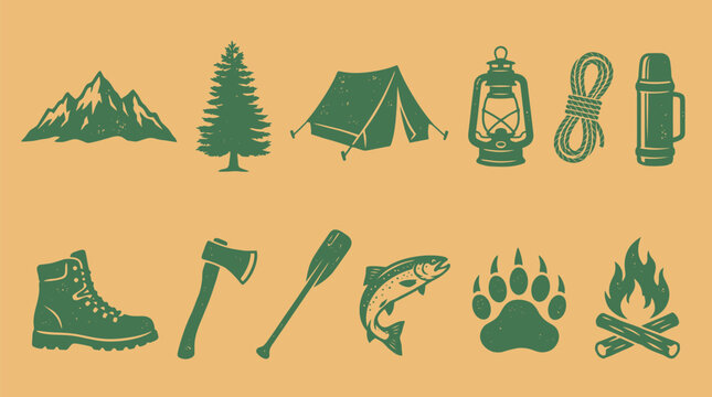 Flat Green Outdoor Adventure Icons Featuring Mountain and Camping Gear on Textured Orange Background