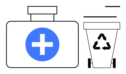 Obraz premium Medical waste management, eco-friendly practices, healthcare safety, waste disposal systems, environmental conservation, recycling awareness. First aid box and recycling bin with symbol. Medical
