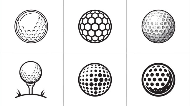 Set of Six Unique Golf Ball Graphic Designs Featuring Different Surface Textures and Tee Placements