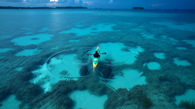 Aerial view of kayak gliding over shallow reef as dolphins circle creating ripples, top down tropical composition highlighting interaction, movement, and serene ocean travel atmosphere