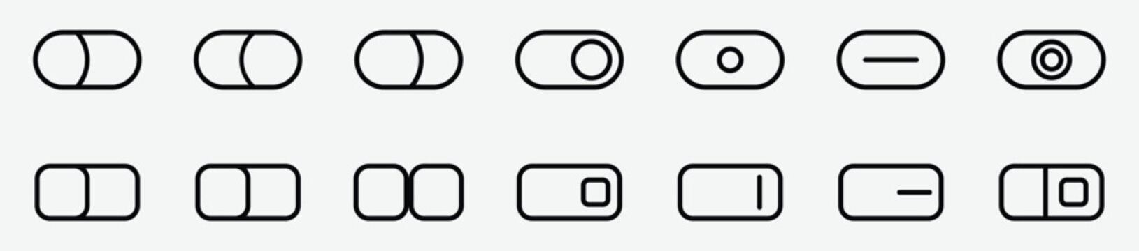 Minimalist on off toggle switch outline icons set for web and mobile UI design. line art slider switch for interface symbol. vector illustration.