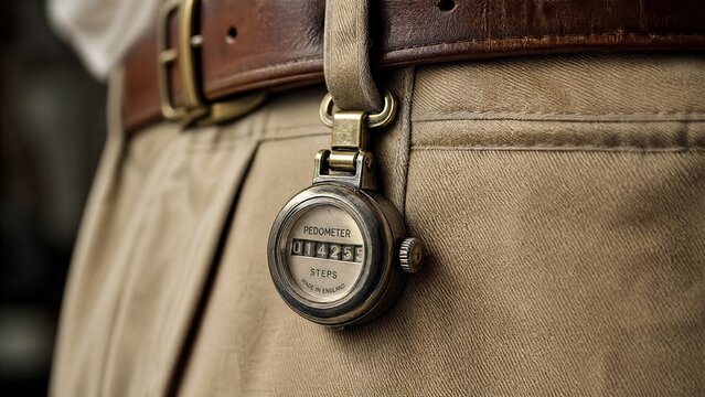 pedometer. A vintage mechanical pedometer clipped onto classic khaki trousers. mobility guides, transit brochures, designed for mobility and urban transit guides, used by interior designers.
