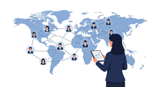 Businesswoman managing global remote team network with tablet. EPS Editable. Vector Illustrations.