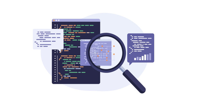 Code analysis with magnifying glass and data visualization icons. EPS Editable. Vector Illustrations.