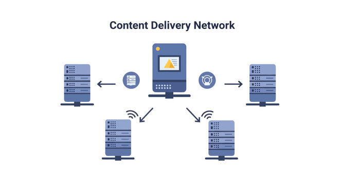 Conceptual illustration of a Content Delivery Network architecture with central server and distributed edge nodes. EPS Editable. Vector Illustrations.