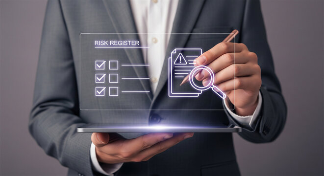 Risk Register digital management interface, businessman analyzing corporate risk assessment on virtual screen, compliance and security audit