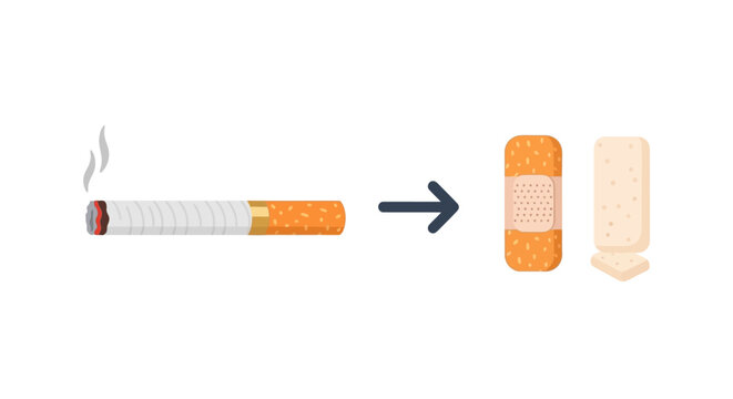 Conceptual illustration showing cigarette transforming into nicotine patch. EPS Editable. Vector Illustrations.