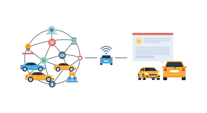 Connected car network diagram with V2X communication and data exchange. EPS Editable. Vector Illustrations.