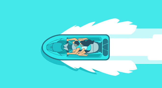 People riding speedboat in ocean, summer vacation, vector illustration
