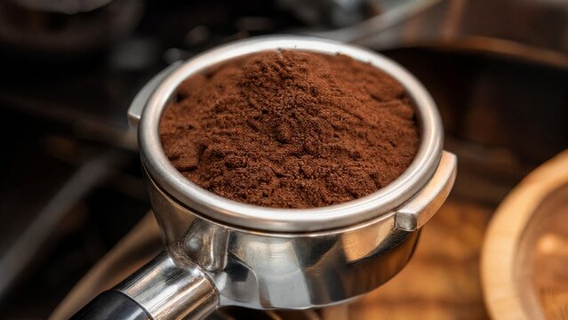 portafilter. Close-up of fresh ground coffee in a portafilter, coffee brewing preparation. bar promotions, beverage menus, designed for food & beverage menus and cafe branding, inspires menu design.