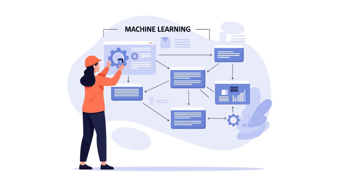 Data scientist woman working on machine learning algorithm and neural network process. EPS Editable. Vector Illustrations.